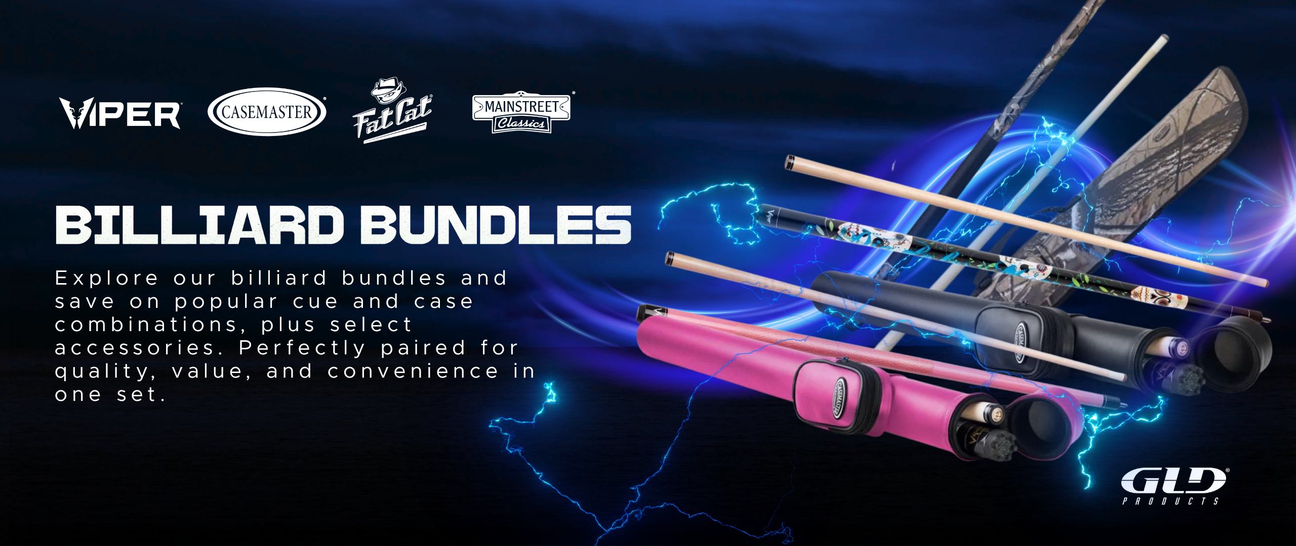 Billiard cue sticks and cases in blue and pink with electric lighting effects and brand logos displayed
