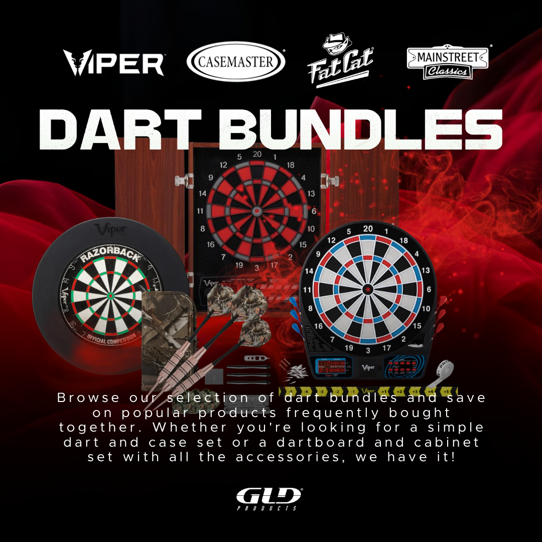 Collage of two dartboards with cabinets, darts, and case against red background
