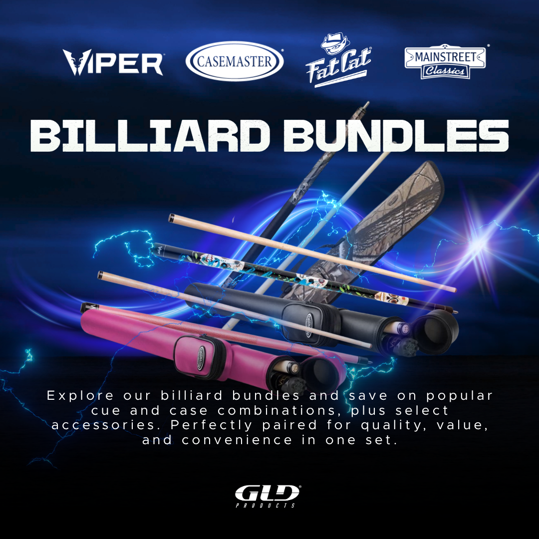 Multiple cue sticks and cases in wood, black, and pink arranged on blue background with lightning effects