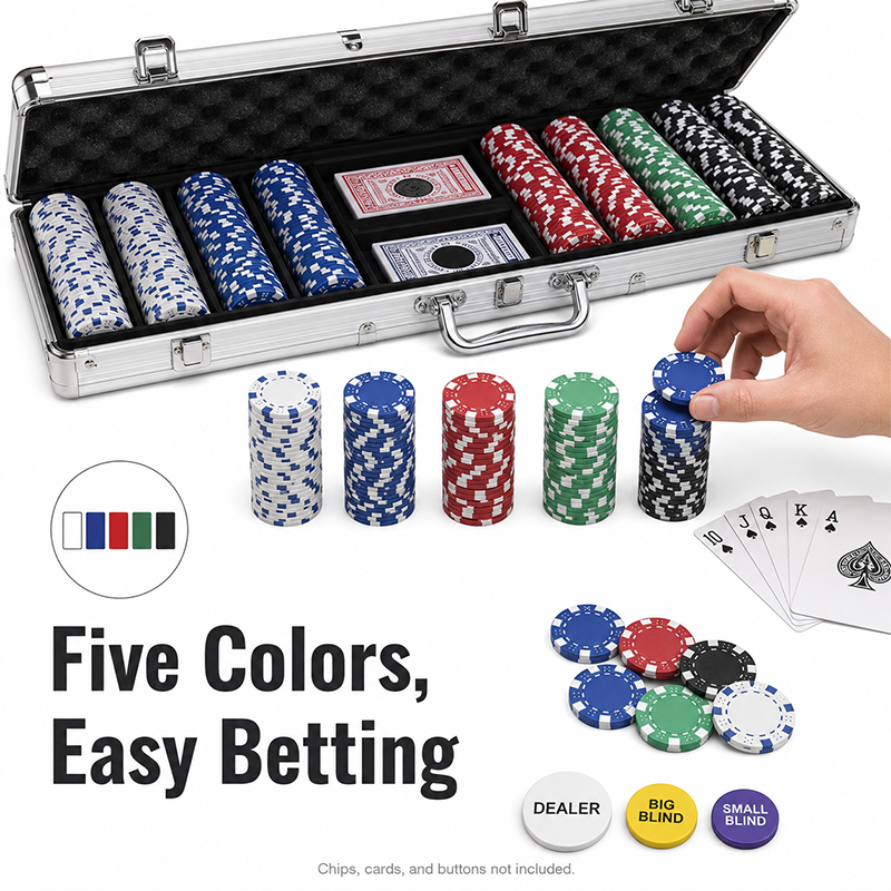 Poker chip set with five colors in a case, surrounded by chips and cards
