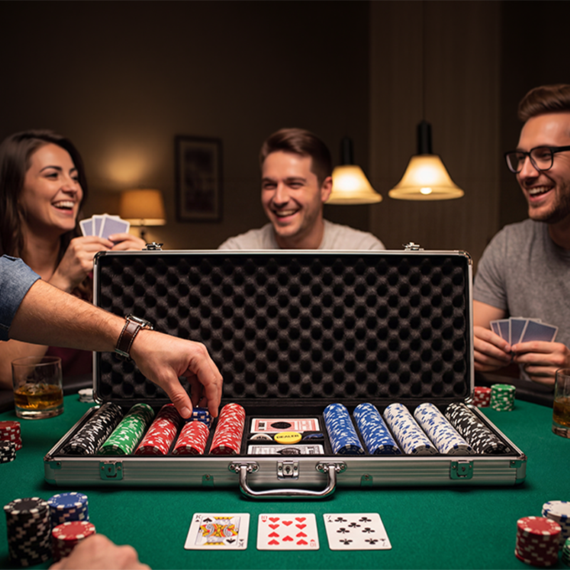 People playing poker with a set of chips and cards on a table.