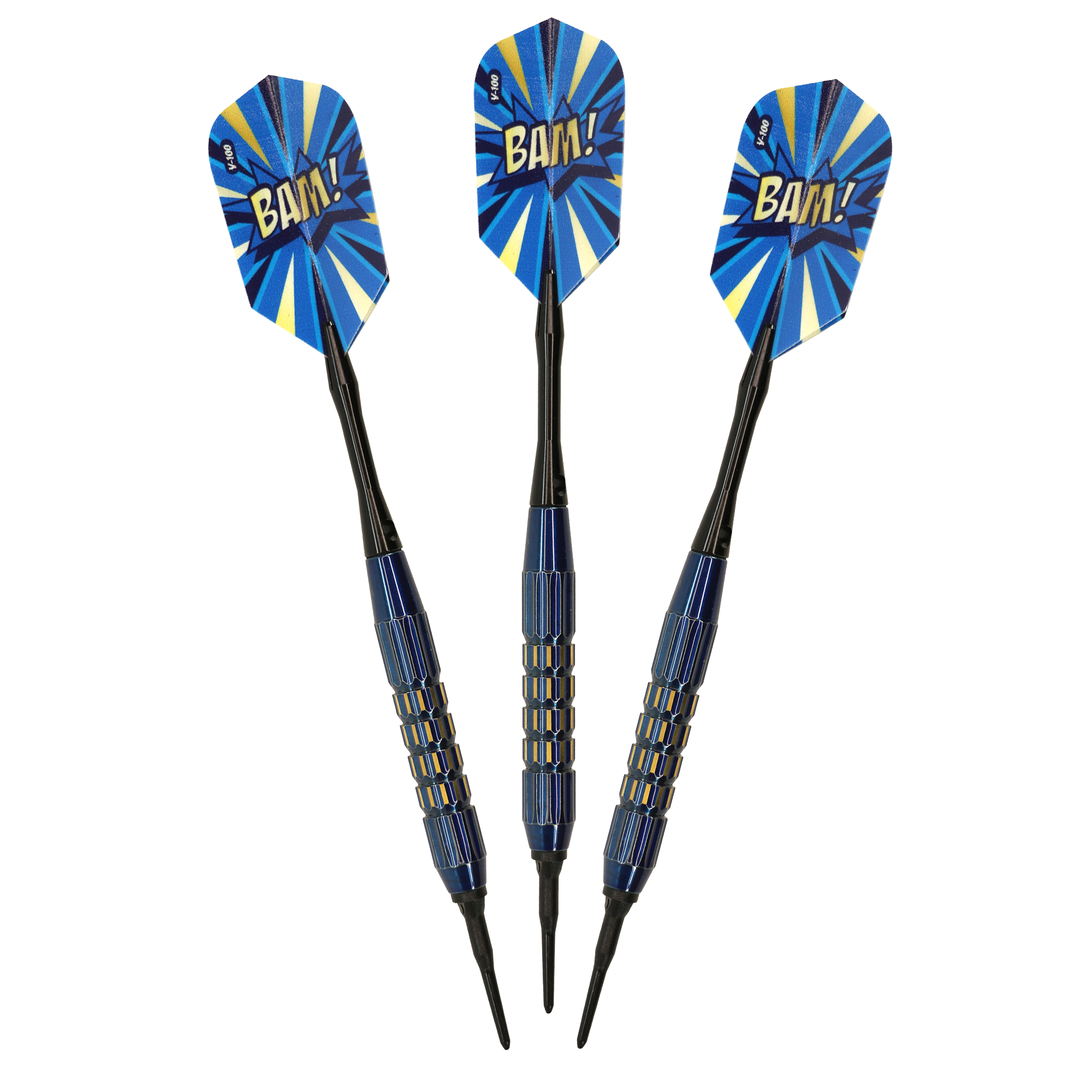 Three darts with blue and yellow starburst flights labeled "BAM!" and ribbed blue and black barrels