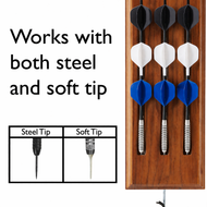 Nine darts on wooden board in black, white, and blue with diagram comparing steel and soft tip points