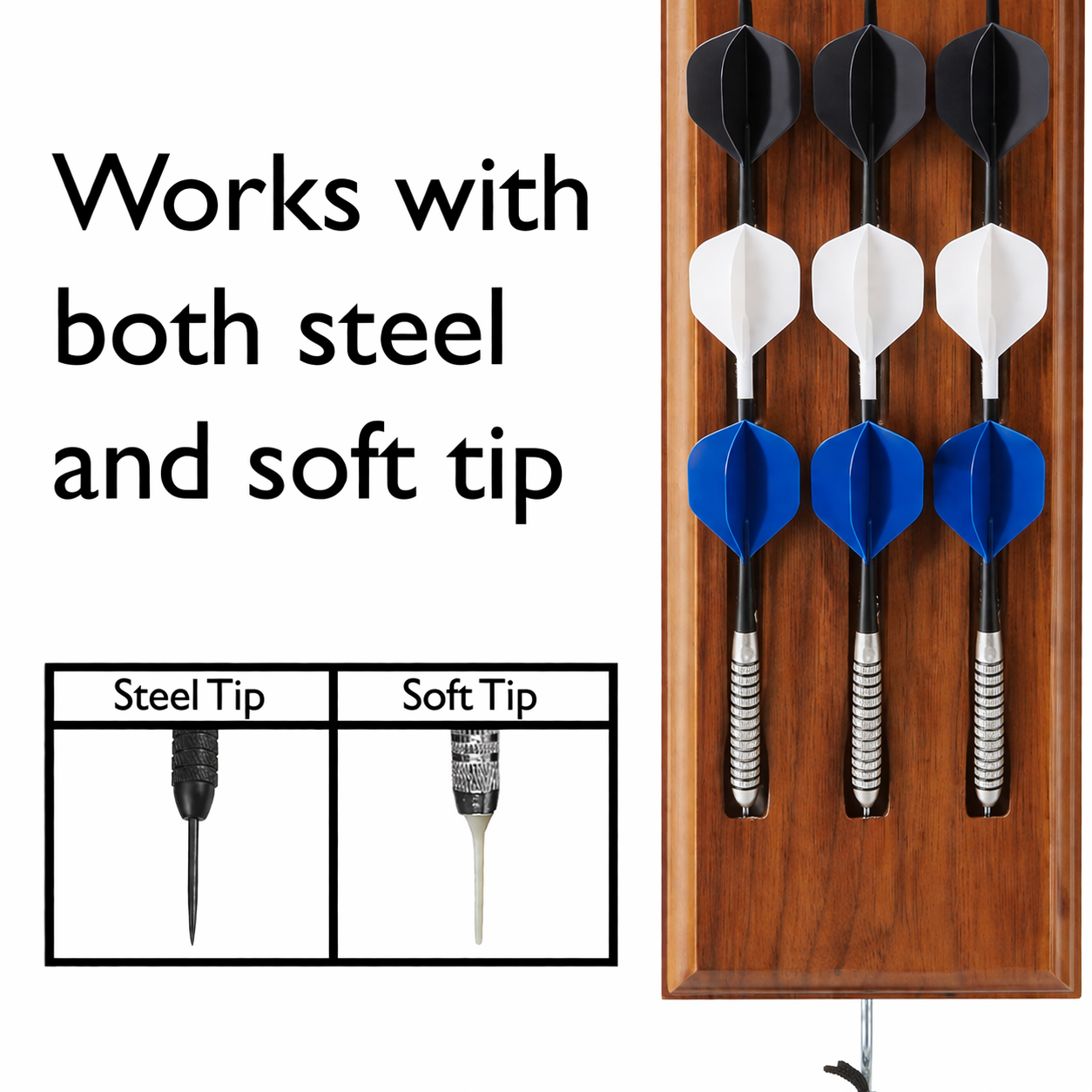 Nine darts on wooden board in black, white, and blue with diagram comparing steel and soft tip points