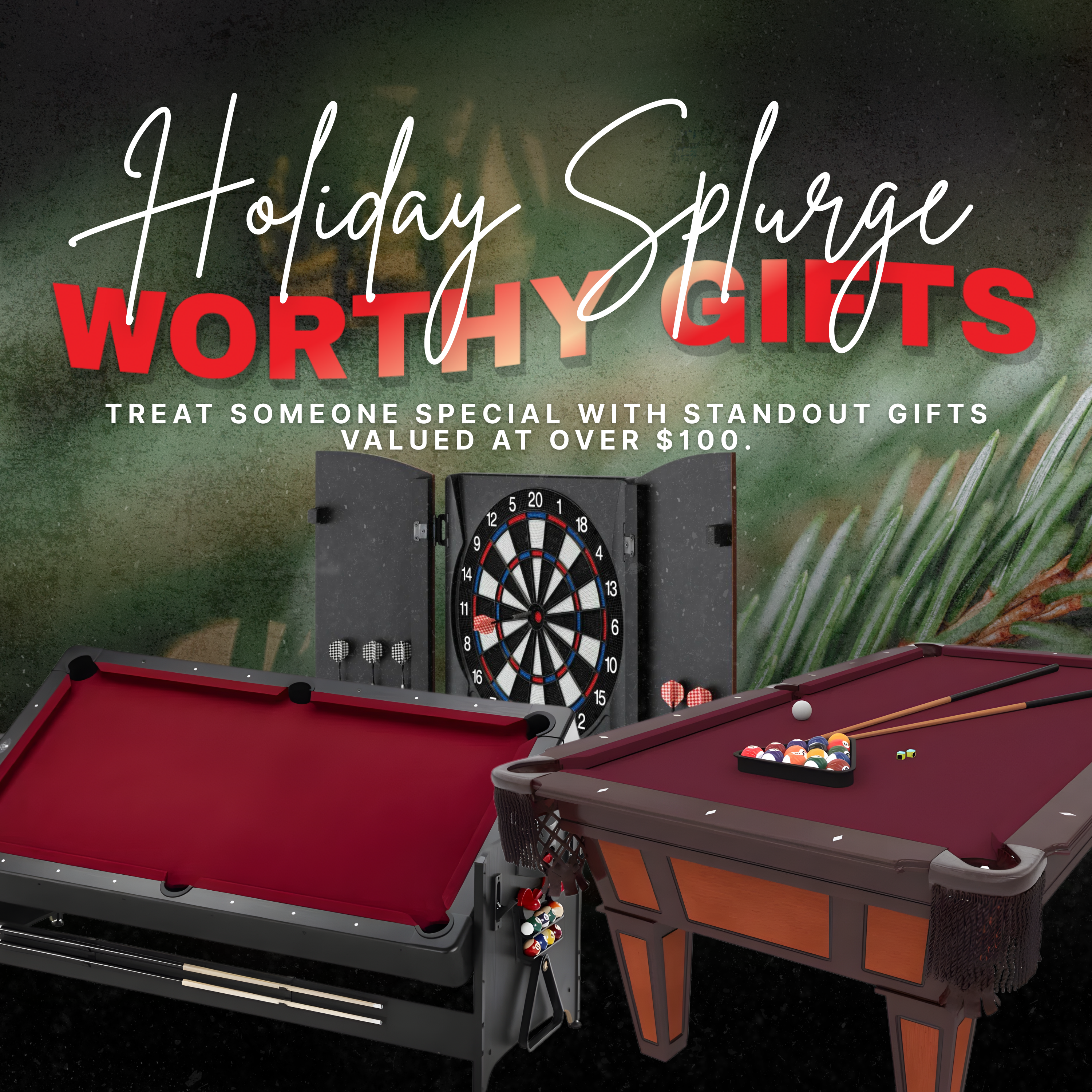 Billiards table with red felt, pool table with burgundy felt, balls, cues, and electronic dartboard displayed together