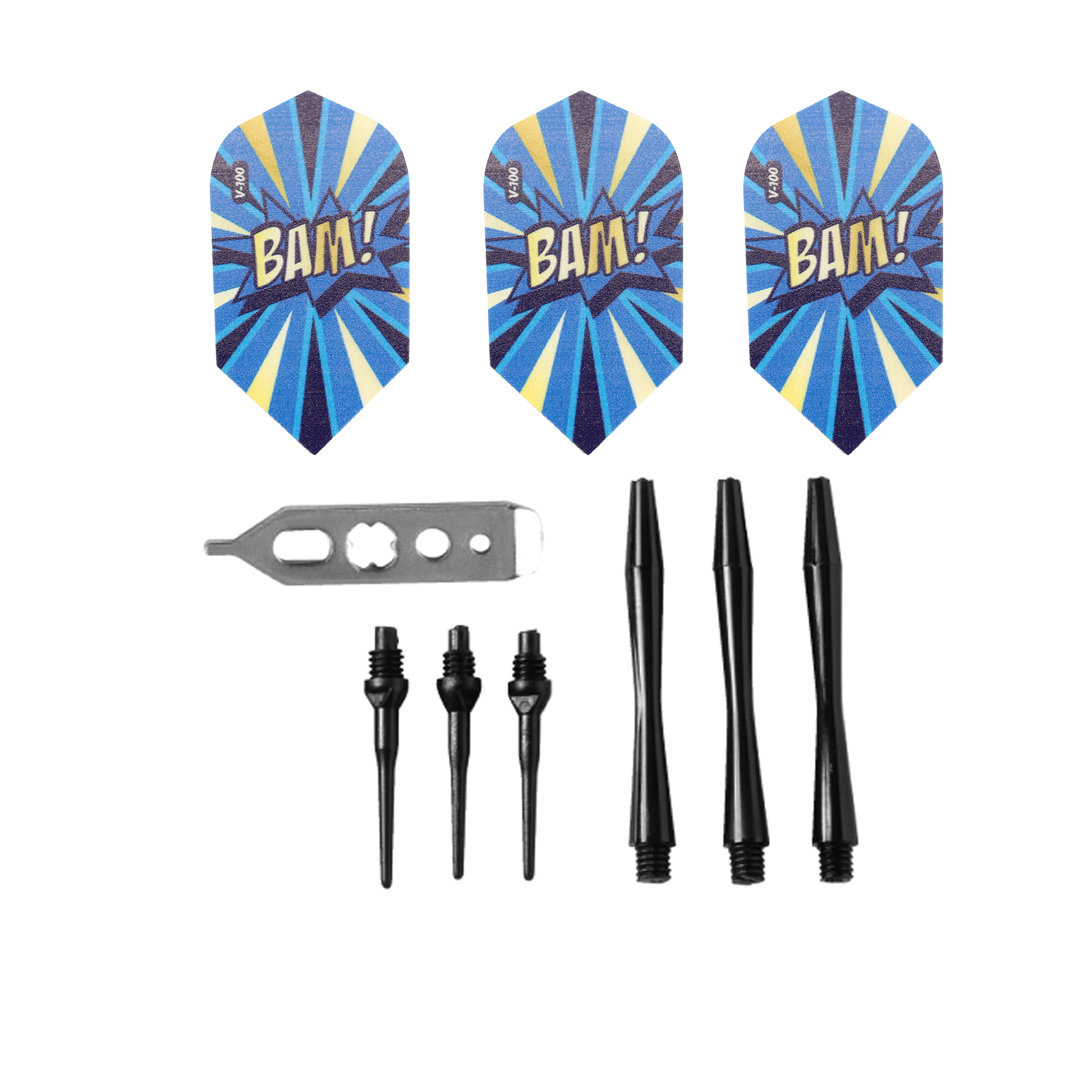 Three blue and yellow dart flights with black points and shafts, metal tool