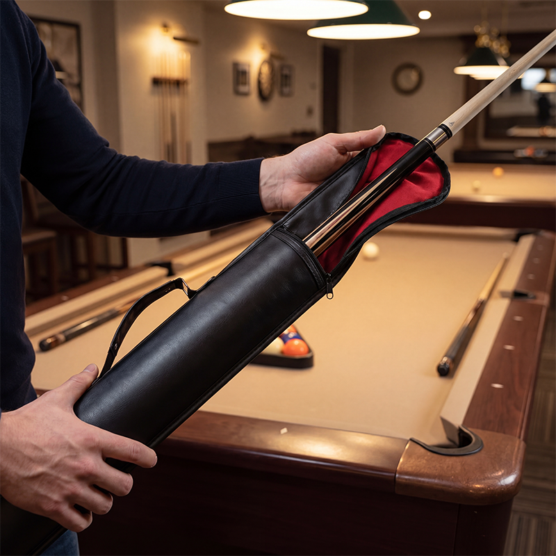 Person holding a pool cue in a case with a pool table in the background