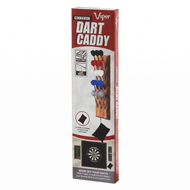 Wooden wall-mounted dart caddy with colored dart slots and black hanging accessory bag