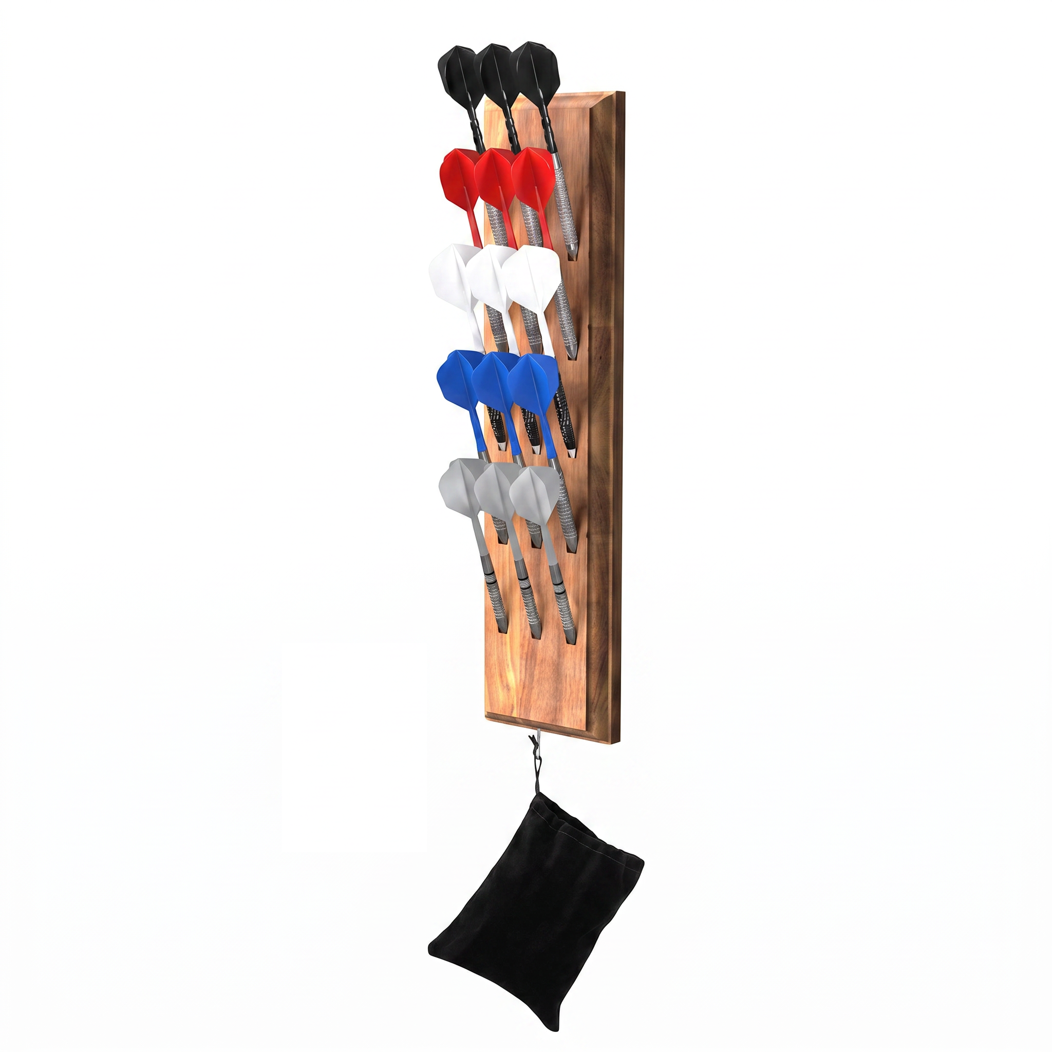 Wooden dart rack holding darts with black, red, white, blue, and gray flights