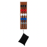 Wooden dart board with fifteen darts in five colors arranged in three rows, black storage pouch hanging below