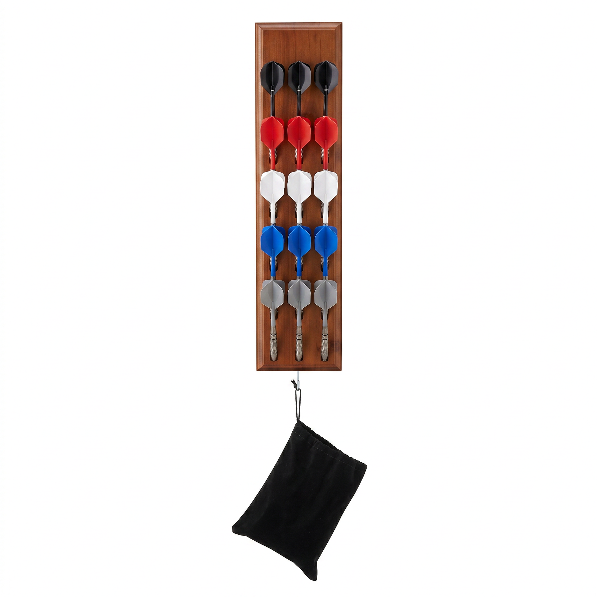 Wooden dart board with fifteen darts in five colors arranged in three rows, black storage pouch hanging below