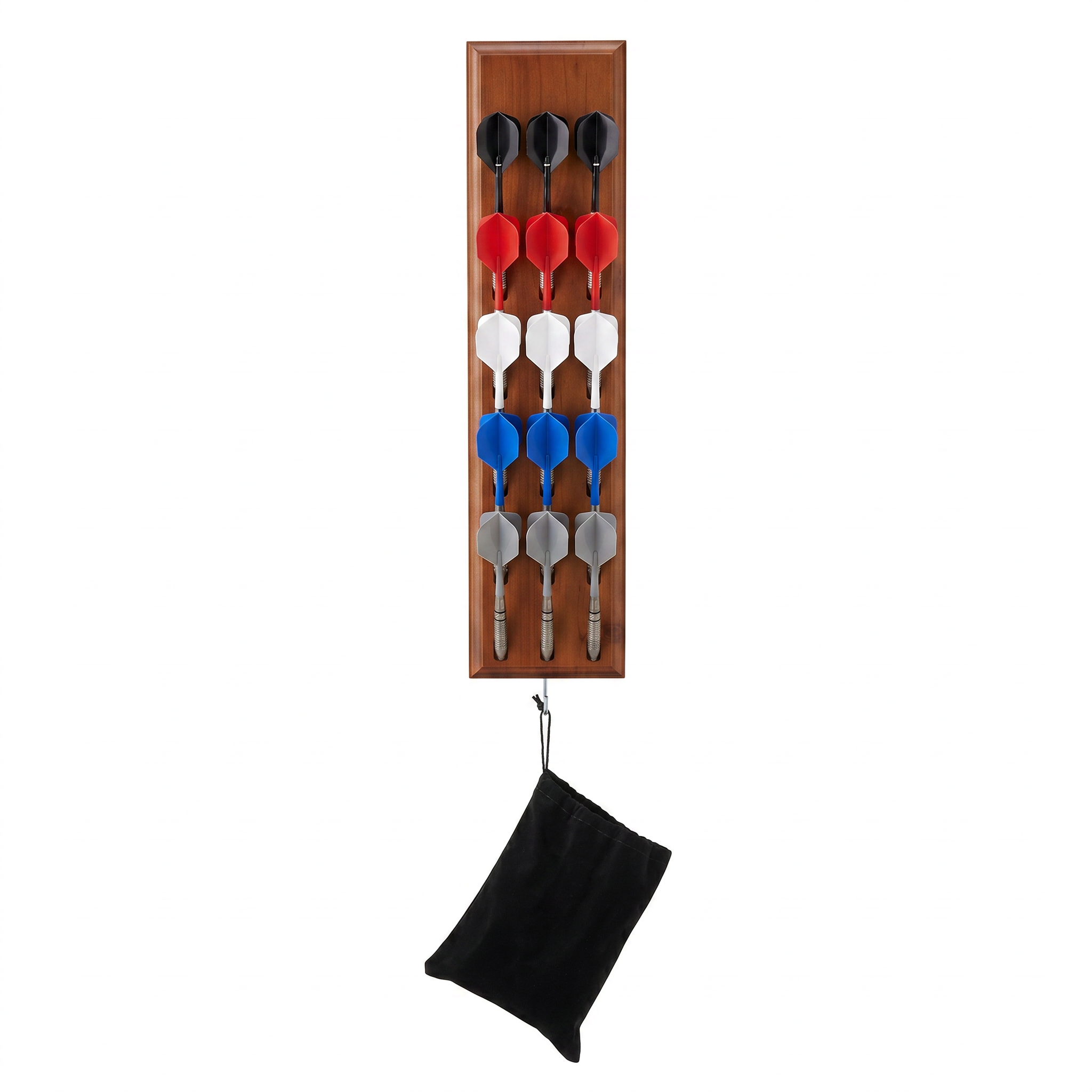 Wooden dart board with fifteen darts in five colors arranged in three rows, black storage pouch hanging below