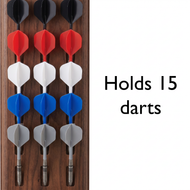 Dart storage board with 15 darts in five rows: black, red, white, blue, and gray flights on wooden background