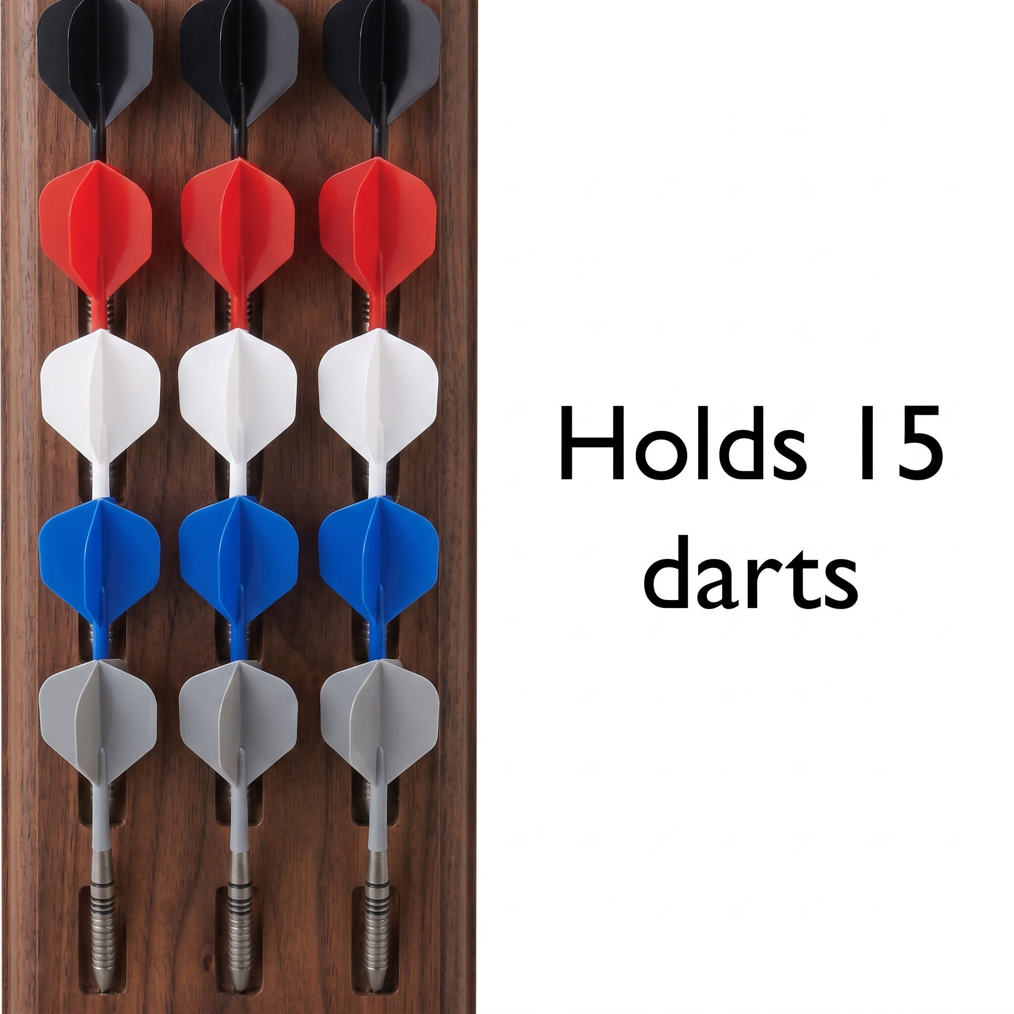 Dart storage board with 15 darts in five rows: black, red, white, blue, and gray flights on wooden background