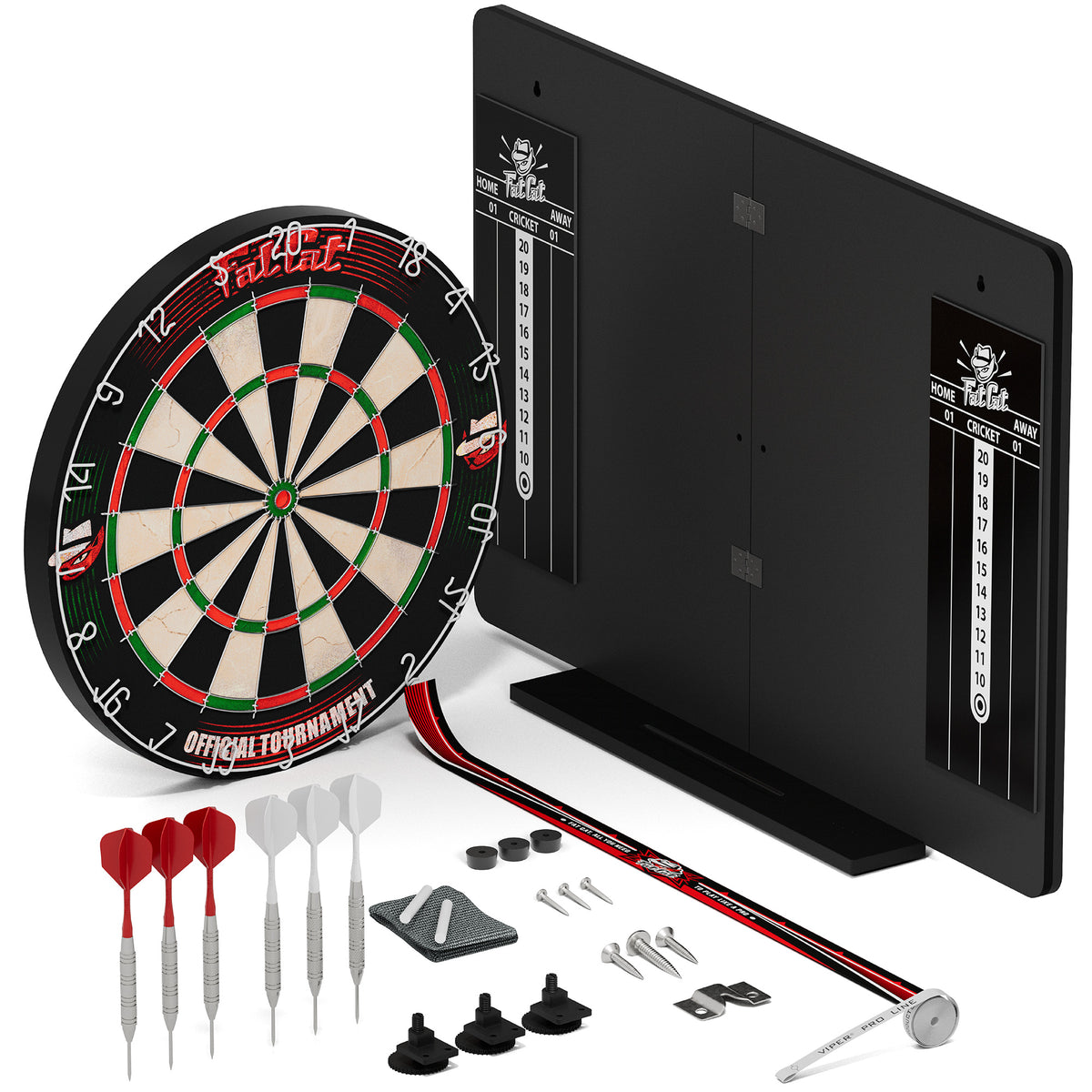 Fat Cat Official Tour Darts Gear set: dartboard, backboard with chalk scoreboards, 6 darts and accessories