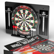 Dartboard mounted on the backboard with red and white darts, the Official Tour Darts Gear box in front