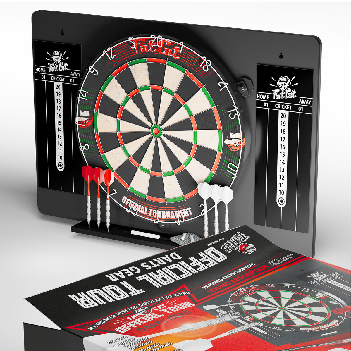 Dartboard mounted on the backboard with red and white darts, the Official Tour Darts Gear box in front