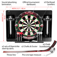 Labeled diagram: 31.5 x 23.2 in. backboard, tournament dartboard, 2 scoreboards, darts, levelers, throw line