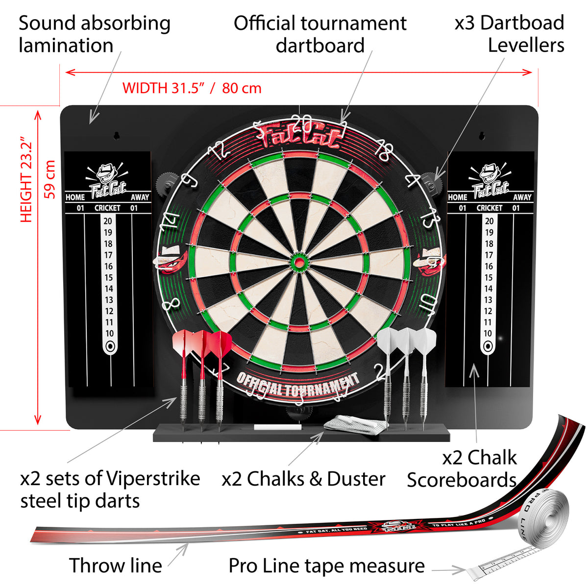 Labeled diagram: 31.5 x 23.2 in. backboard, tournament dartboard, 2 scoreboards, darts, levelers, throw line