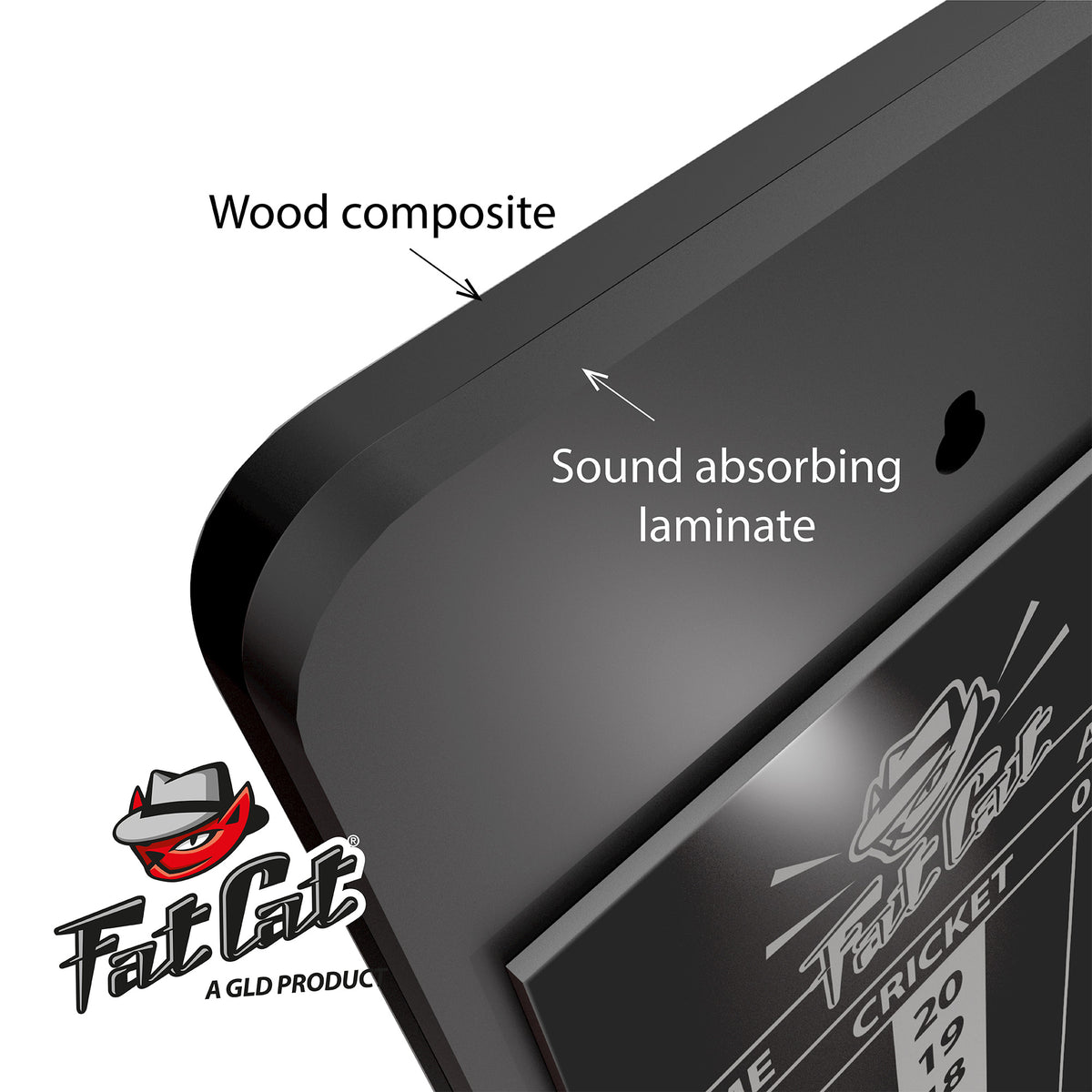 Close-up of the backboard edge showing its wood composite core and sound-absorbing laminate layer