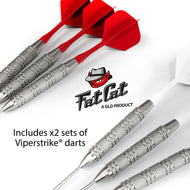 Two sets of three Viperstrike steel tip darts, one set with red flights and one with white flights