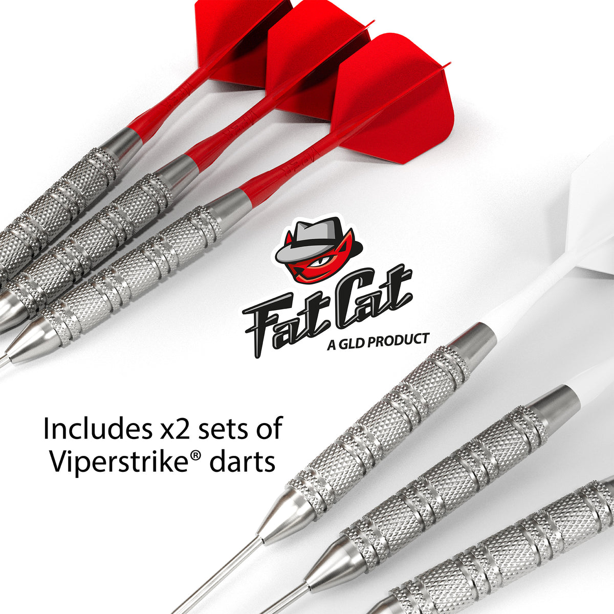 Two sets of three Viperstrike steel tip darts, one set with red flights and one with white flights