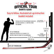 Setup diagram: bullseye 68 in. (1.73 m) from the floor, throw line 93.25 in. (2.37 m) from the board face