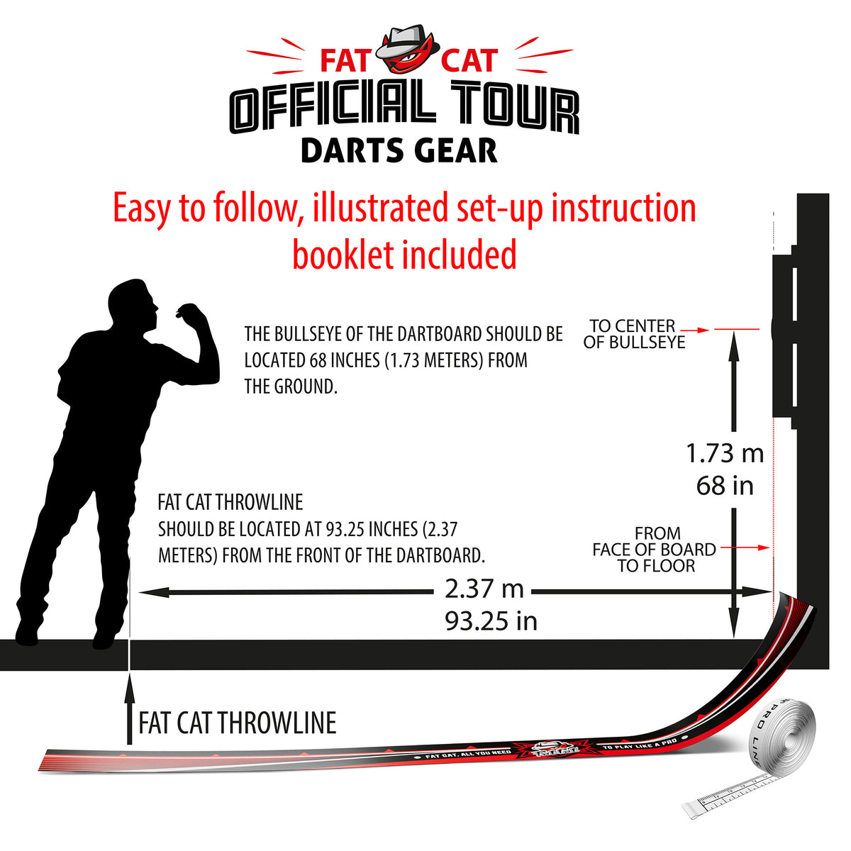 Setup diagram: bullseye 68 in. (1.73 m) from the floor, throw line 93.25 in. (2.37 m) from the board face
