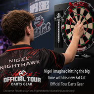 Player in a Fat Cat jersey throwing red-flighted darts at the Official Tour dartboard on a tournament stage