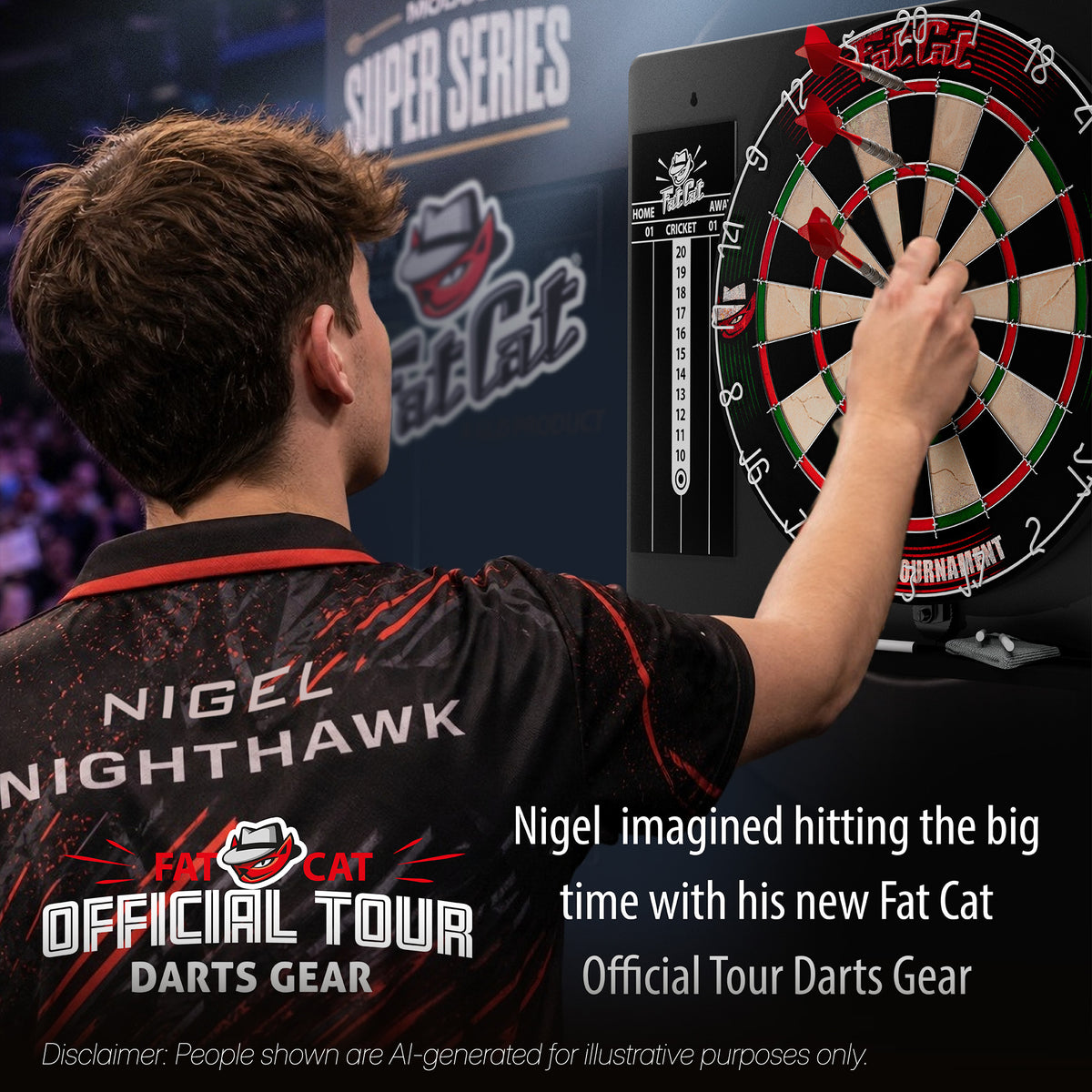 Player in a Fat Cat jersey throwing red-flighted darts at the Official Tour dartboard on a tournament stage