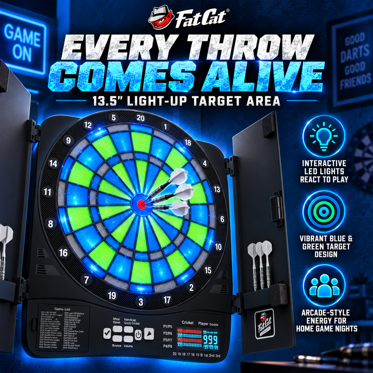 Fat Cat Rega Electronic Dartboard, 13.5" Compact Target Dartboard Cabinet