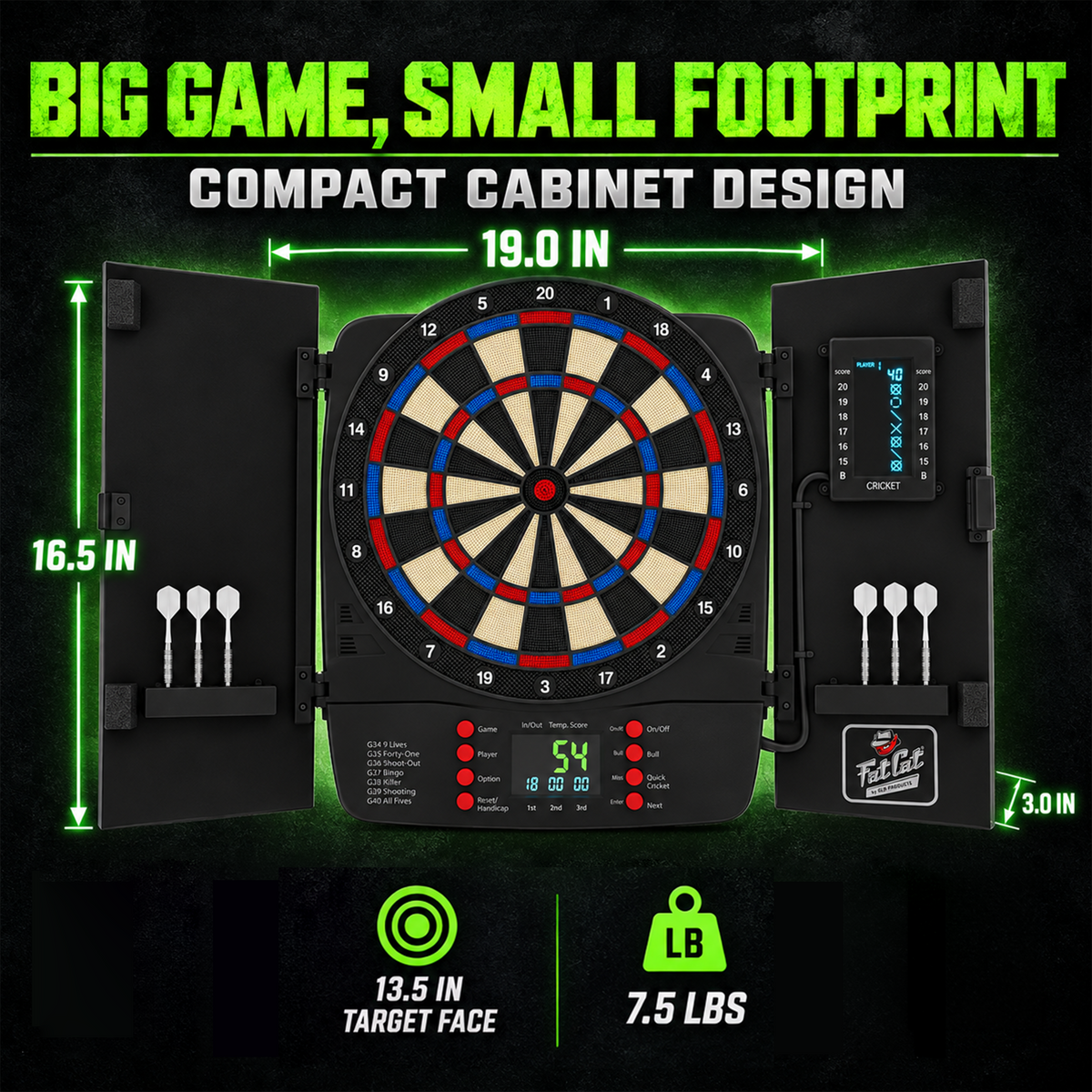 Fat Cat Cam Electronic Dartboard, 13.5" Compact Target Dartboard Cabinet