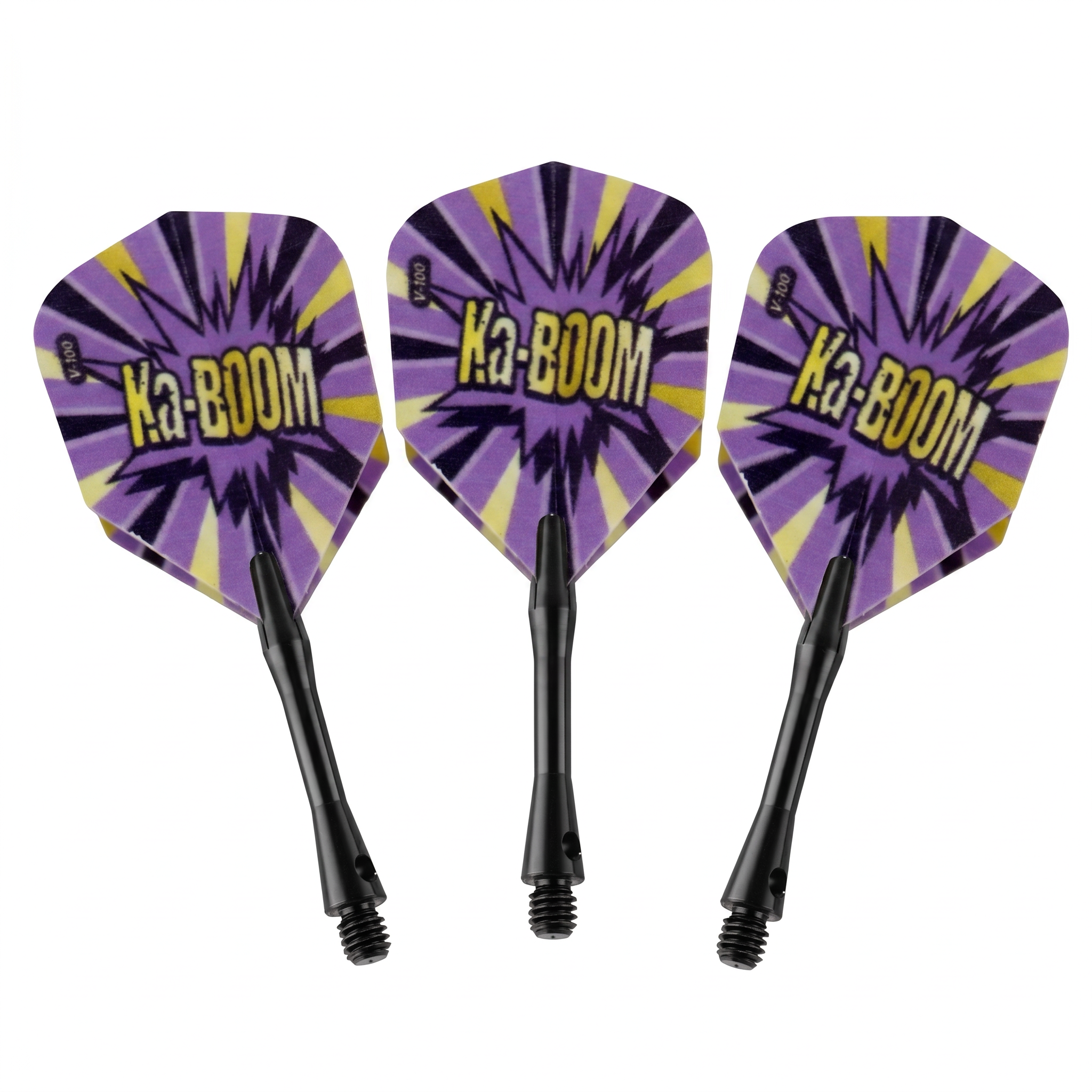 Three dart flights with purple, yellow, and black starburst design and "Ka-BOOM" text on black aluminum shafts