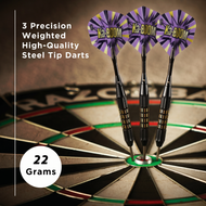 Three darts with purple and yellow flights in a dartboard bullseye