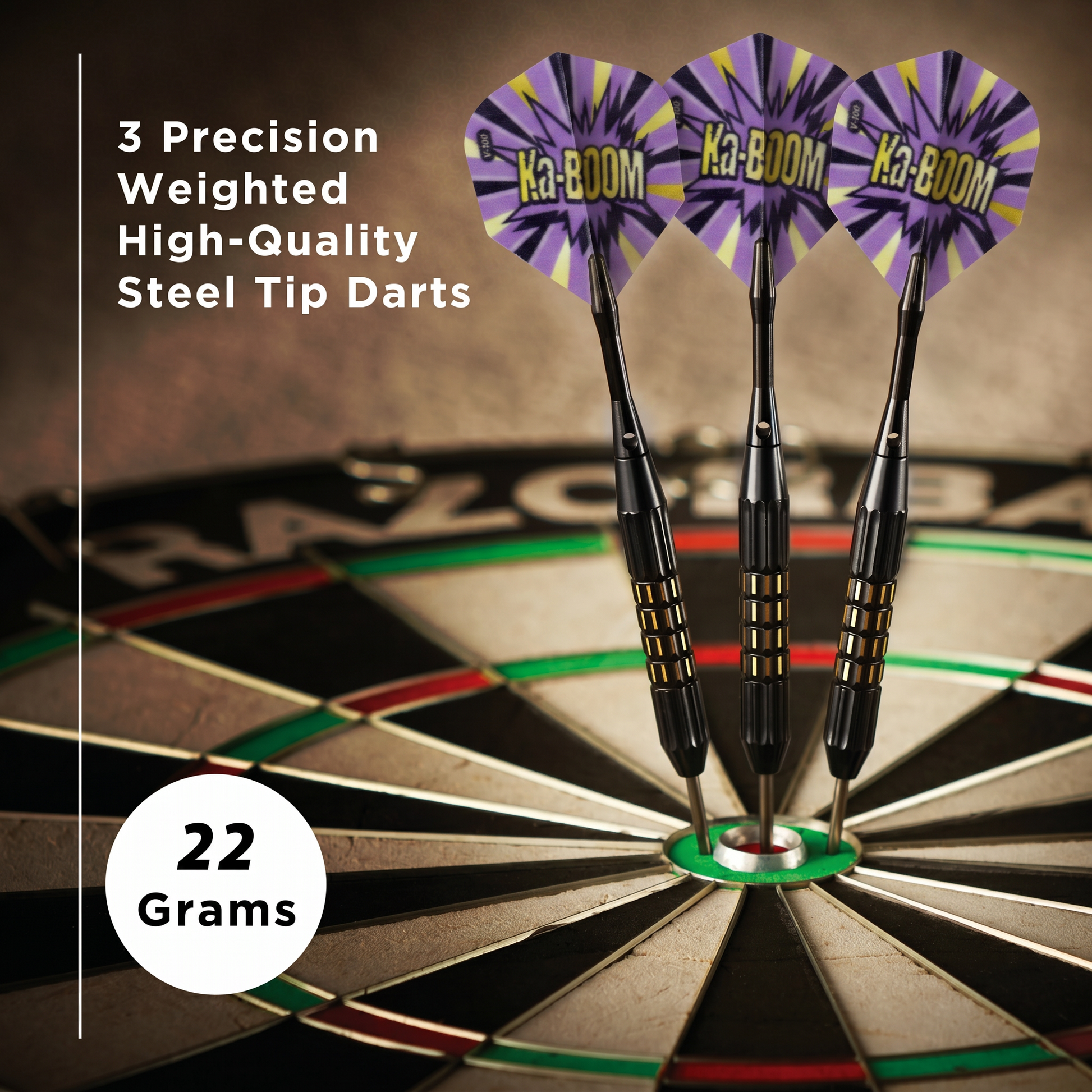 Three darts with purple and yellow flights in a dartboard bullseye