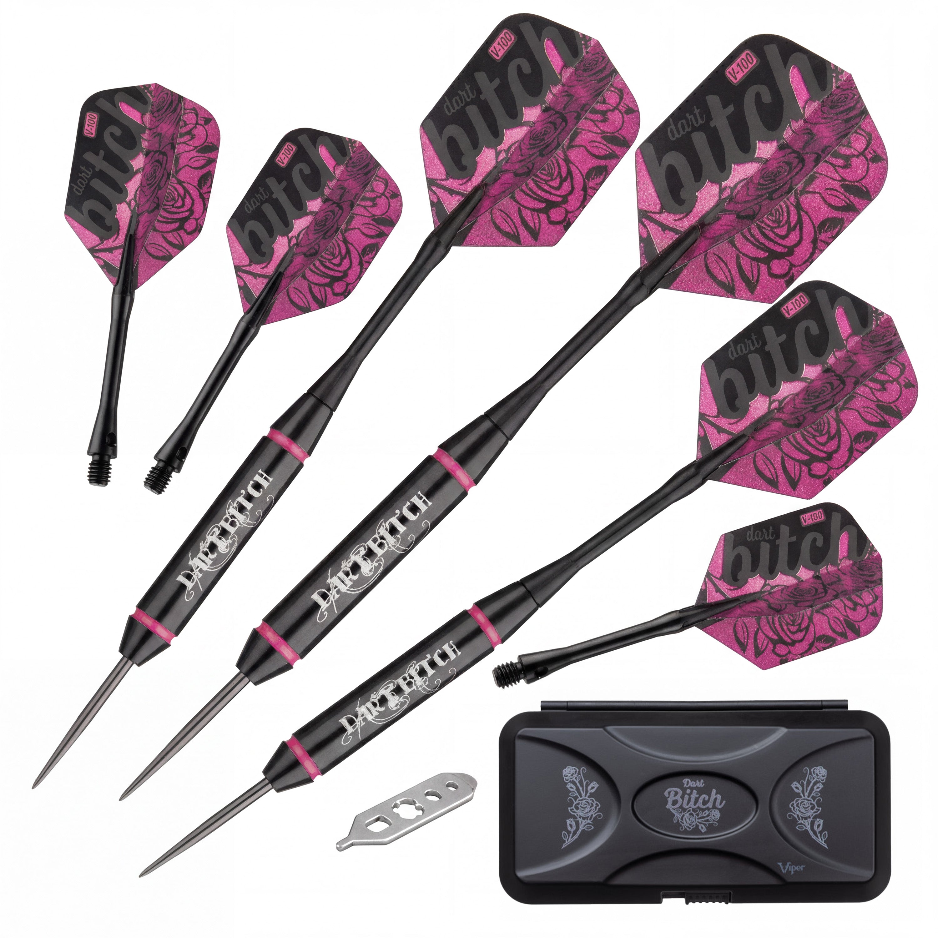 Dart Bitch labeled spread: 3 darts, pink rose flights, extra flights, wrench, black case