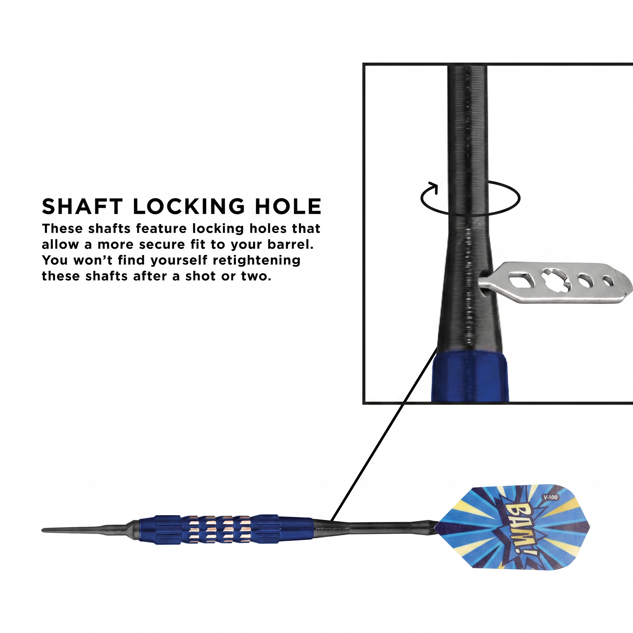 Diagram of dart shaft with blue grip, black barrel, and metal locking collar mechanism with flight