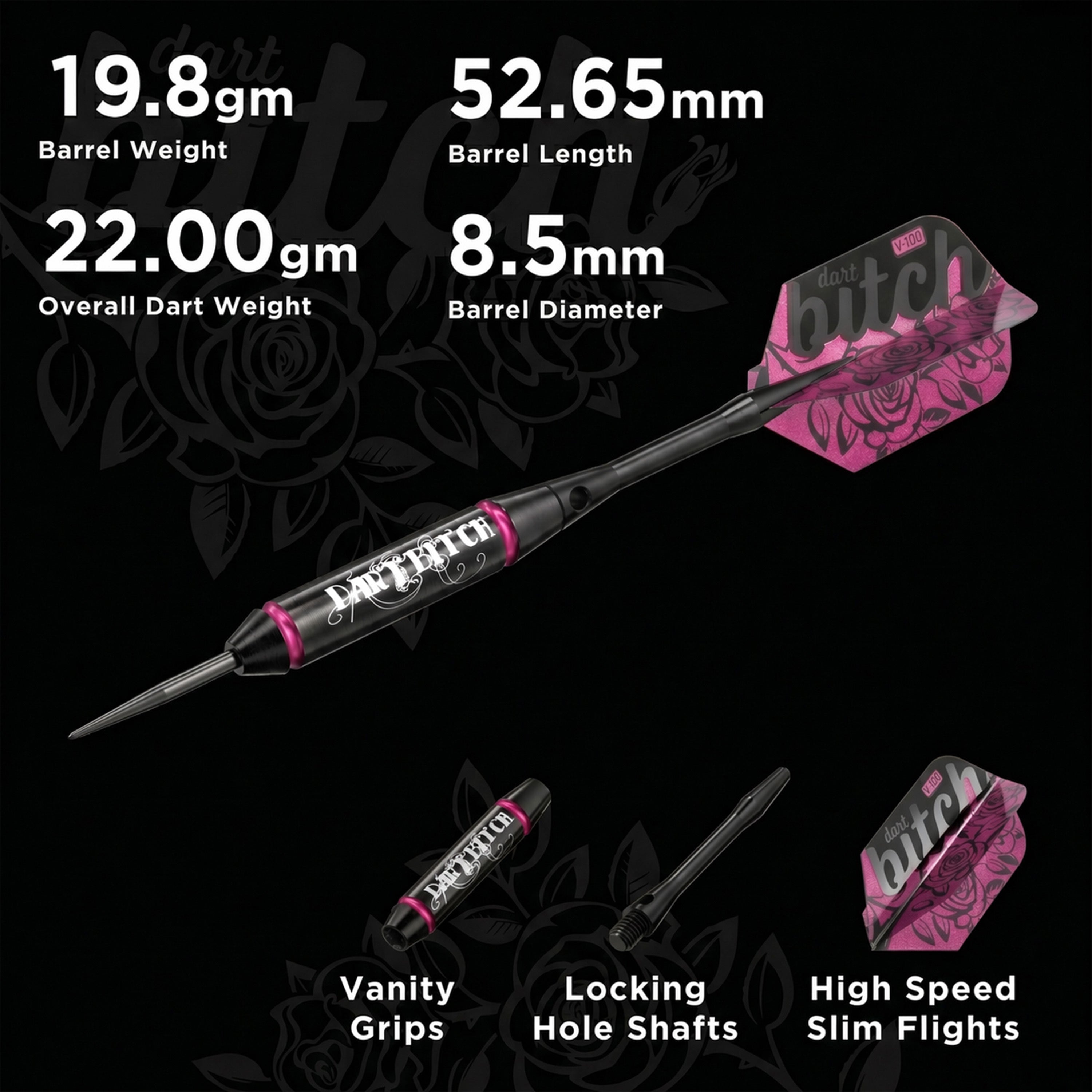 Spec infographic: Dart Bitch dart, 19.8gm barrel, 52.65mm barrel, 22.00gm total, 8.5mm diameter