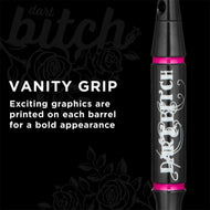 Close-up of Dart Bitch barrel with callout: Vanity Grip, graphics printed on each barrel