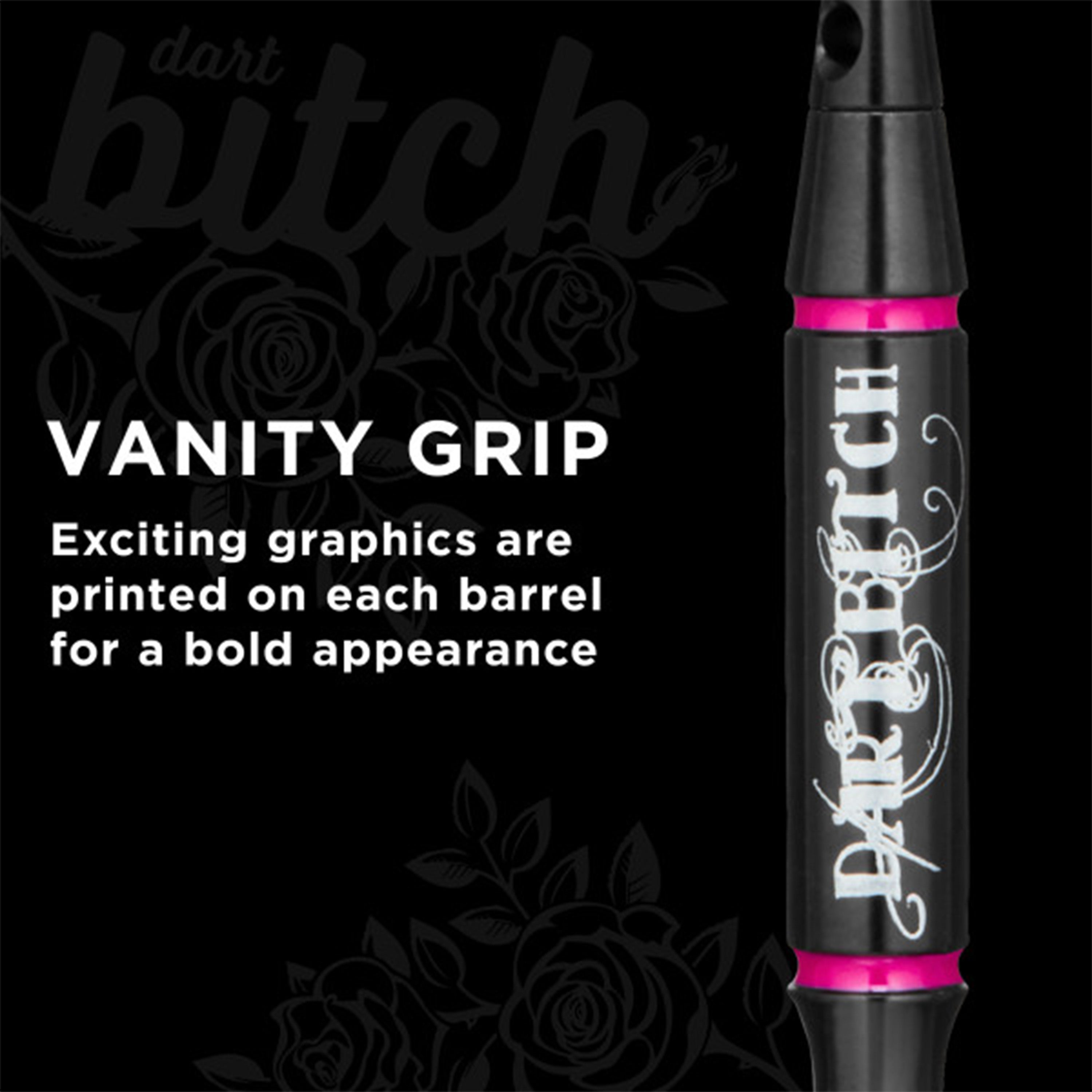 Close-up of Dart Bitch barrel with callout: Vanity Grip, graphics printed on each barrel