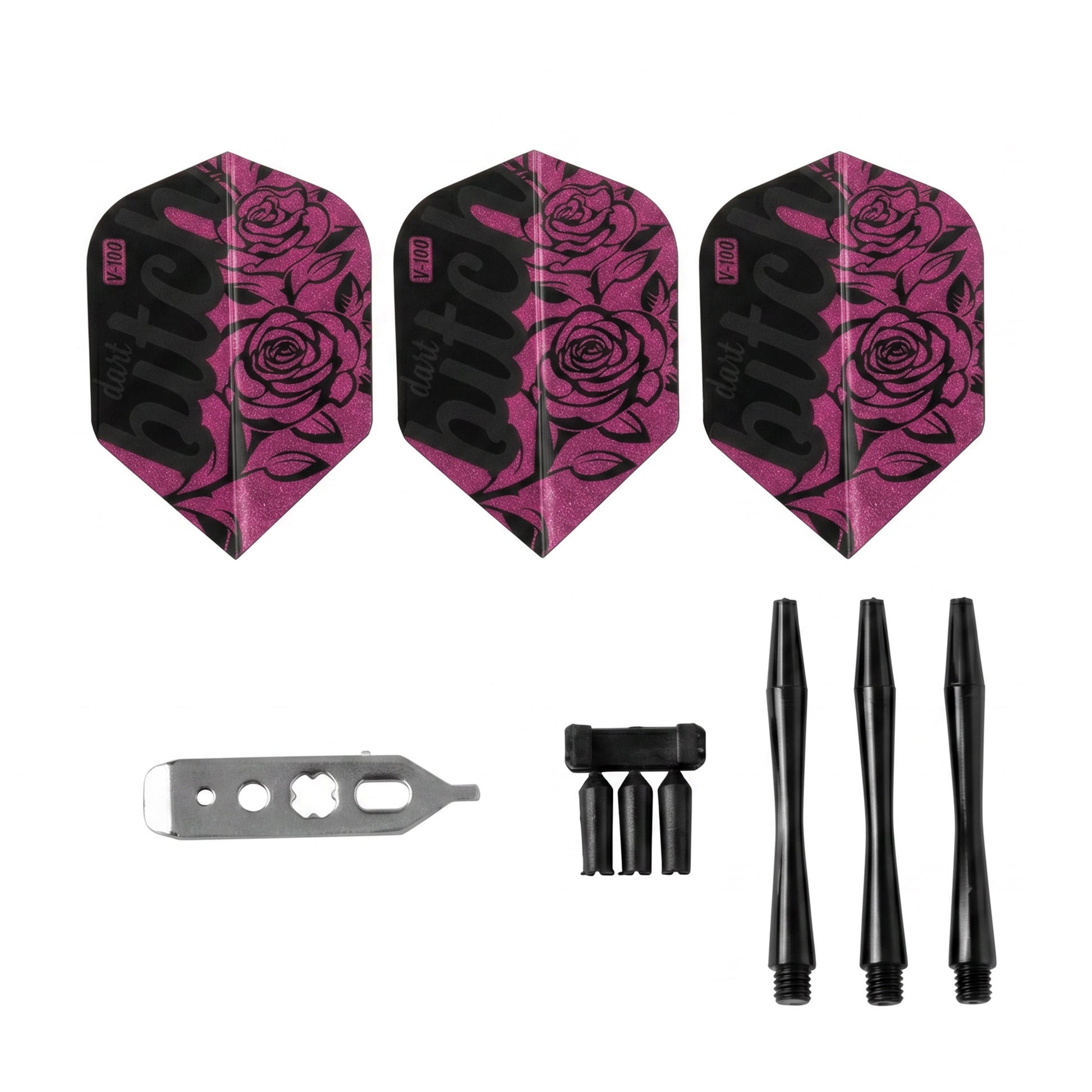 Accessory spread: 3 pink rose flights, silver wrench, flight protectors, and 3 shafts