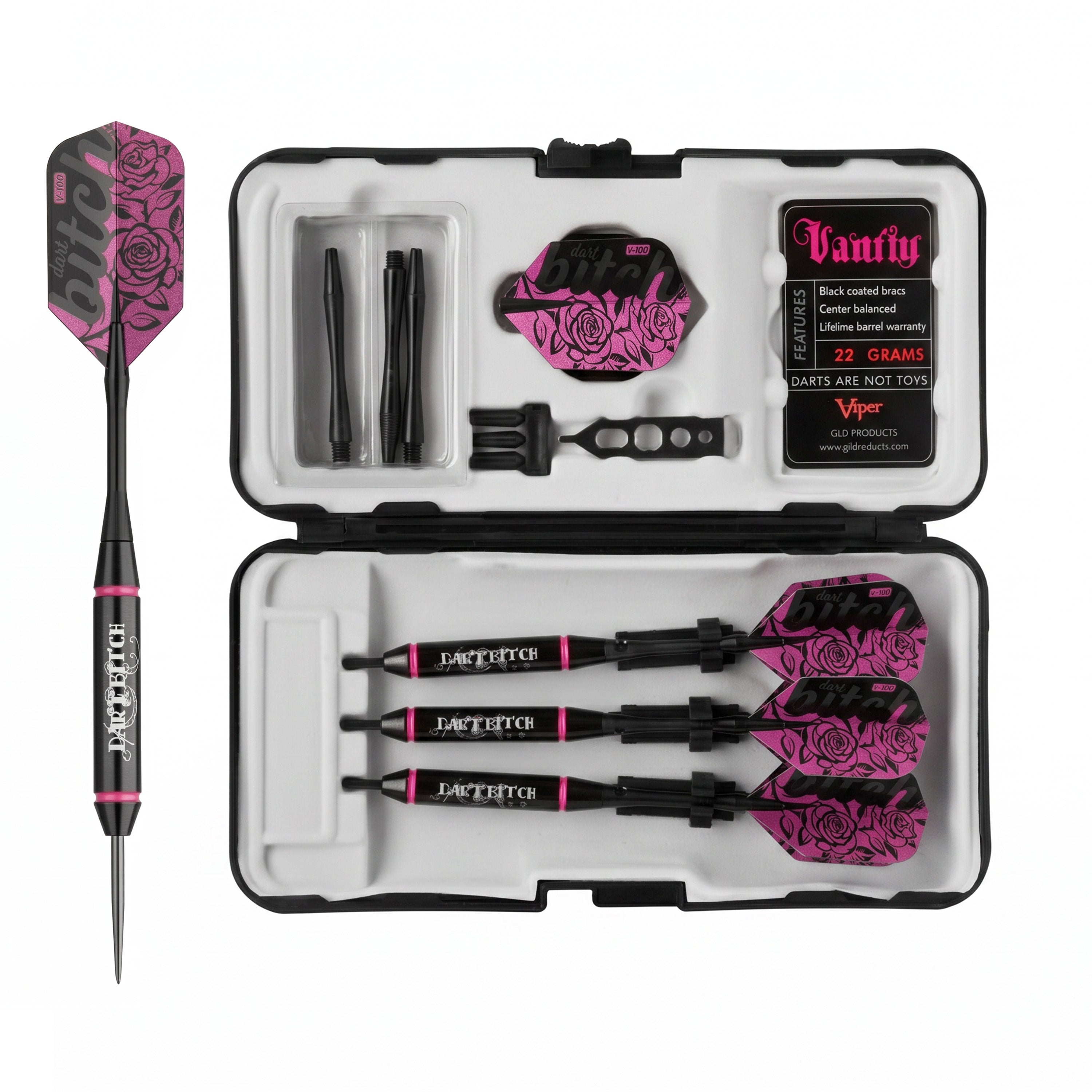 Open Dart Bitch case with 3 darts, extra shafts, wrench, and Vanity features label, 22 Grams