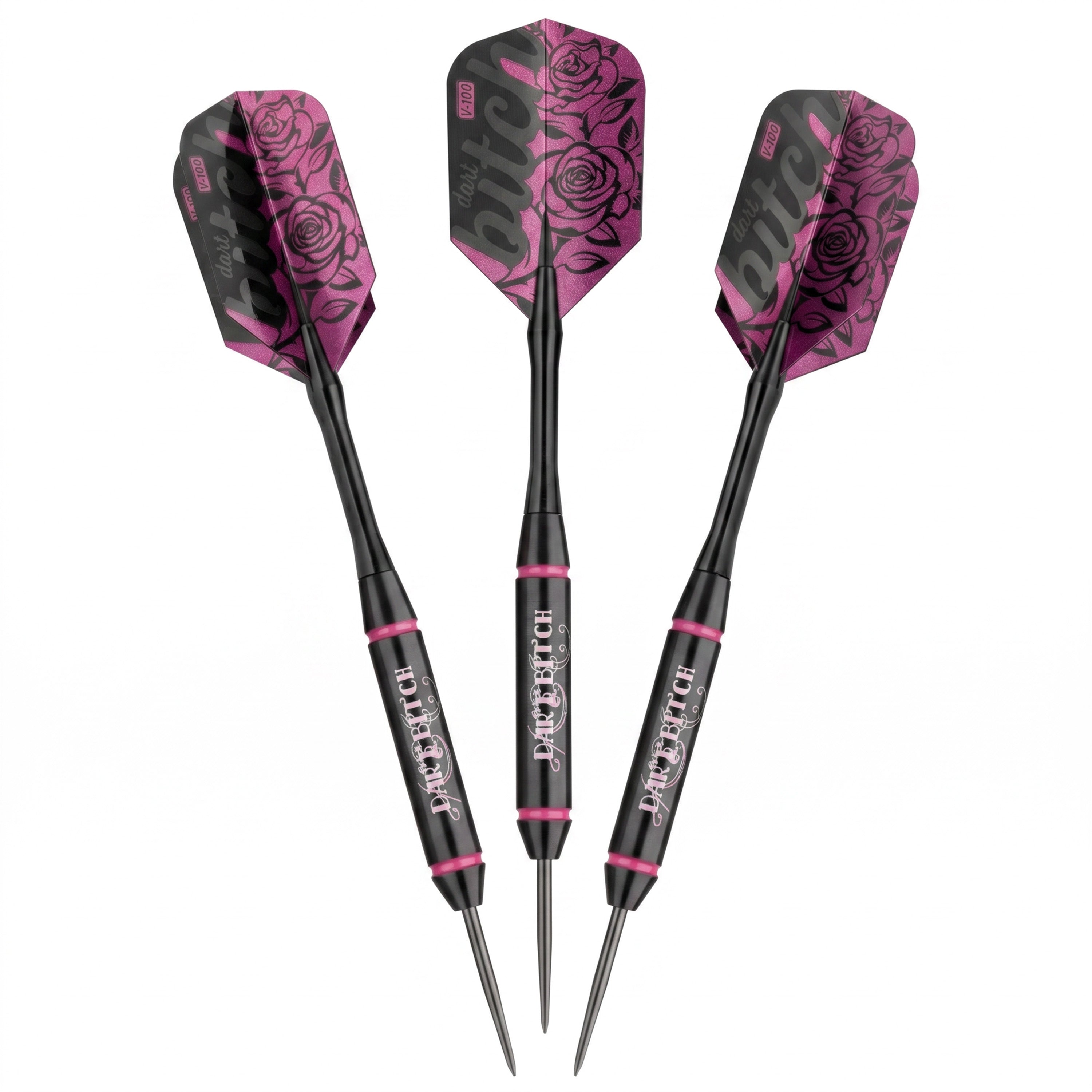 Three Dart Bitch darts on white with black barrels and pink rose pattern flights