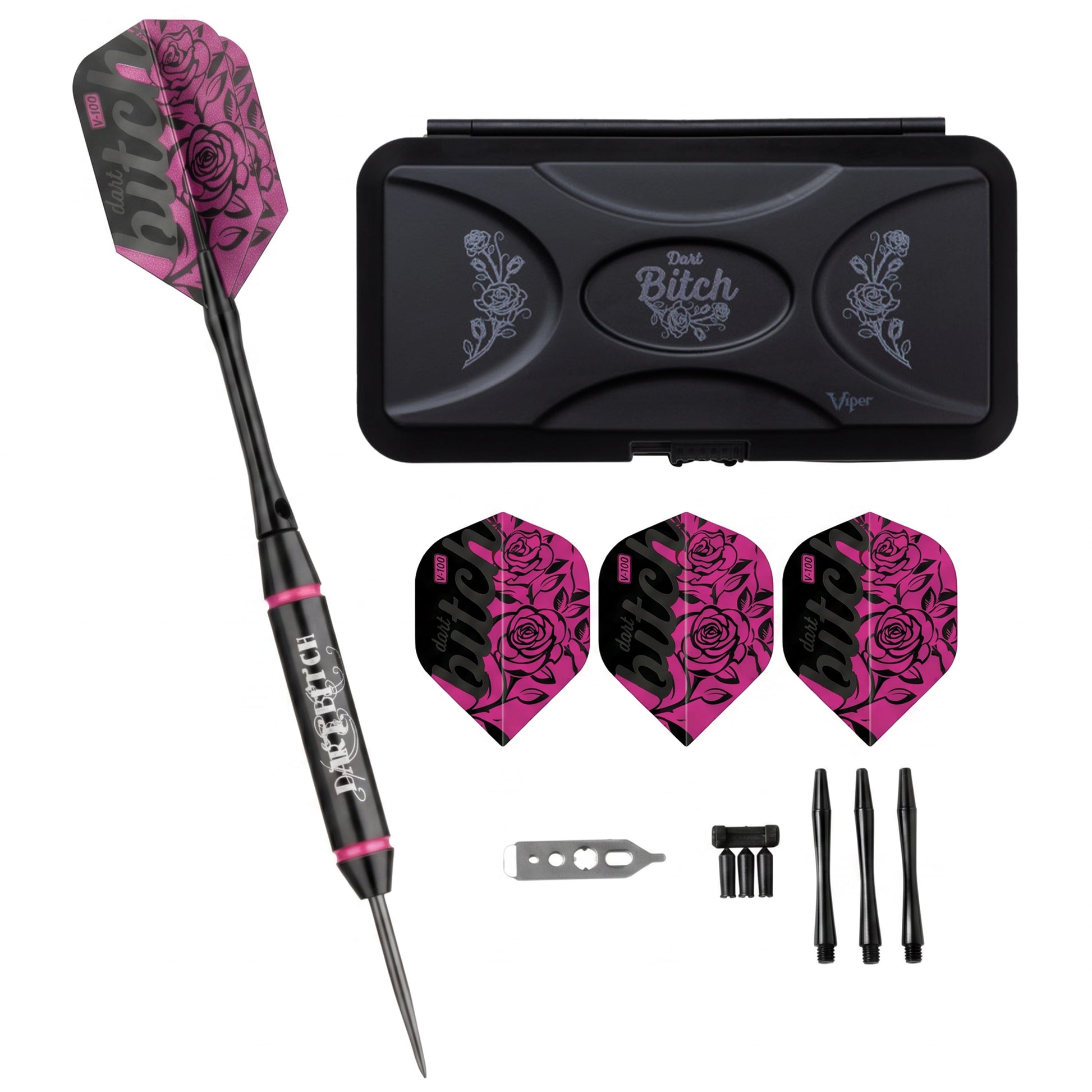 Closed black Dart Bitch case with rose emblem, plus 3 rose flights, wrench, and shafts