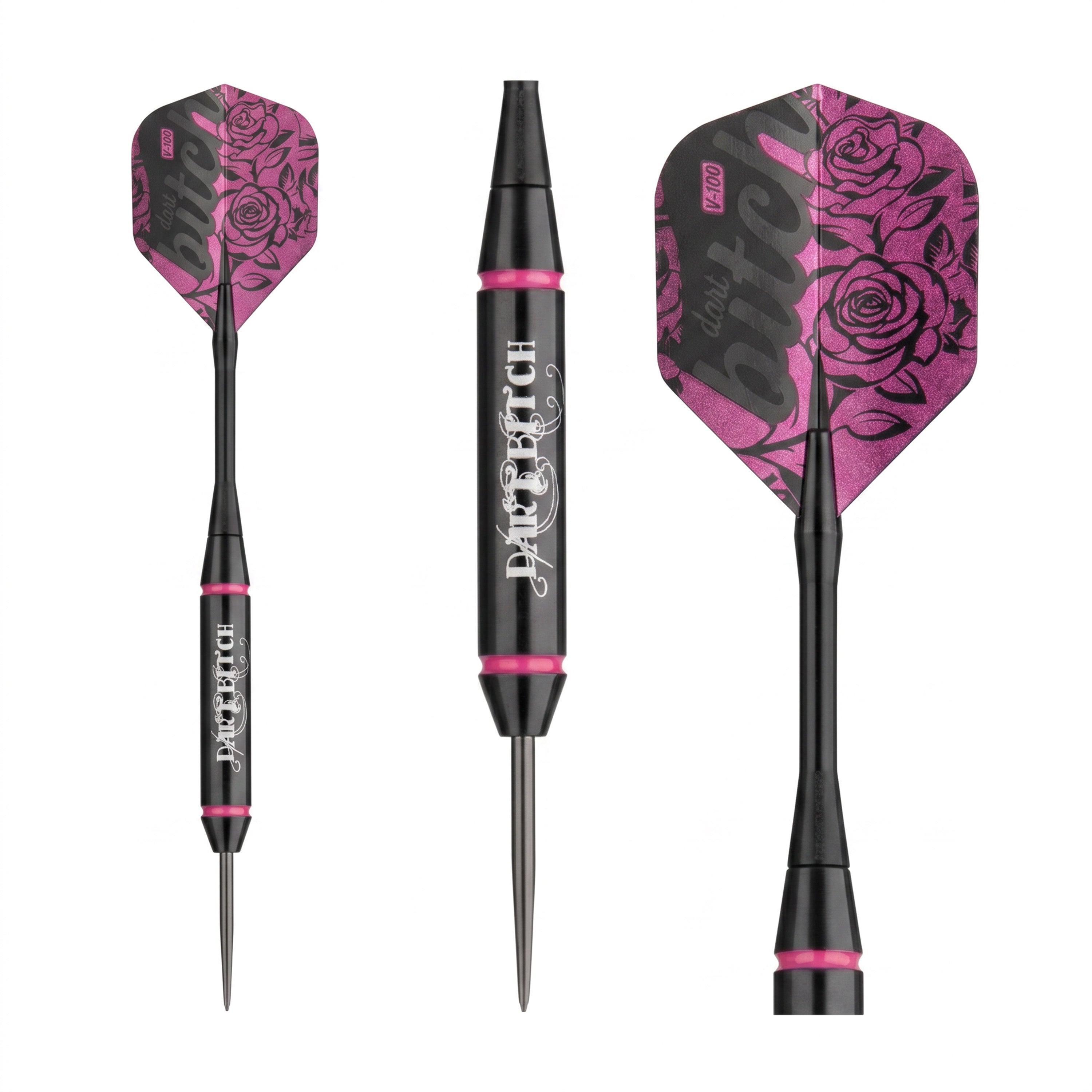 Three-panel: Dart Bitch dart full view, close-up black barrel, angled rose flight
