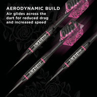 Three Dart Bitch darts with motion blur and callout: Aerodynamic Build