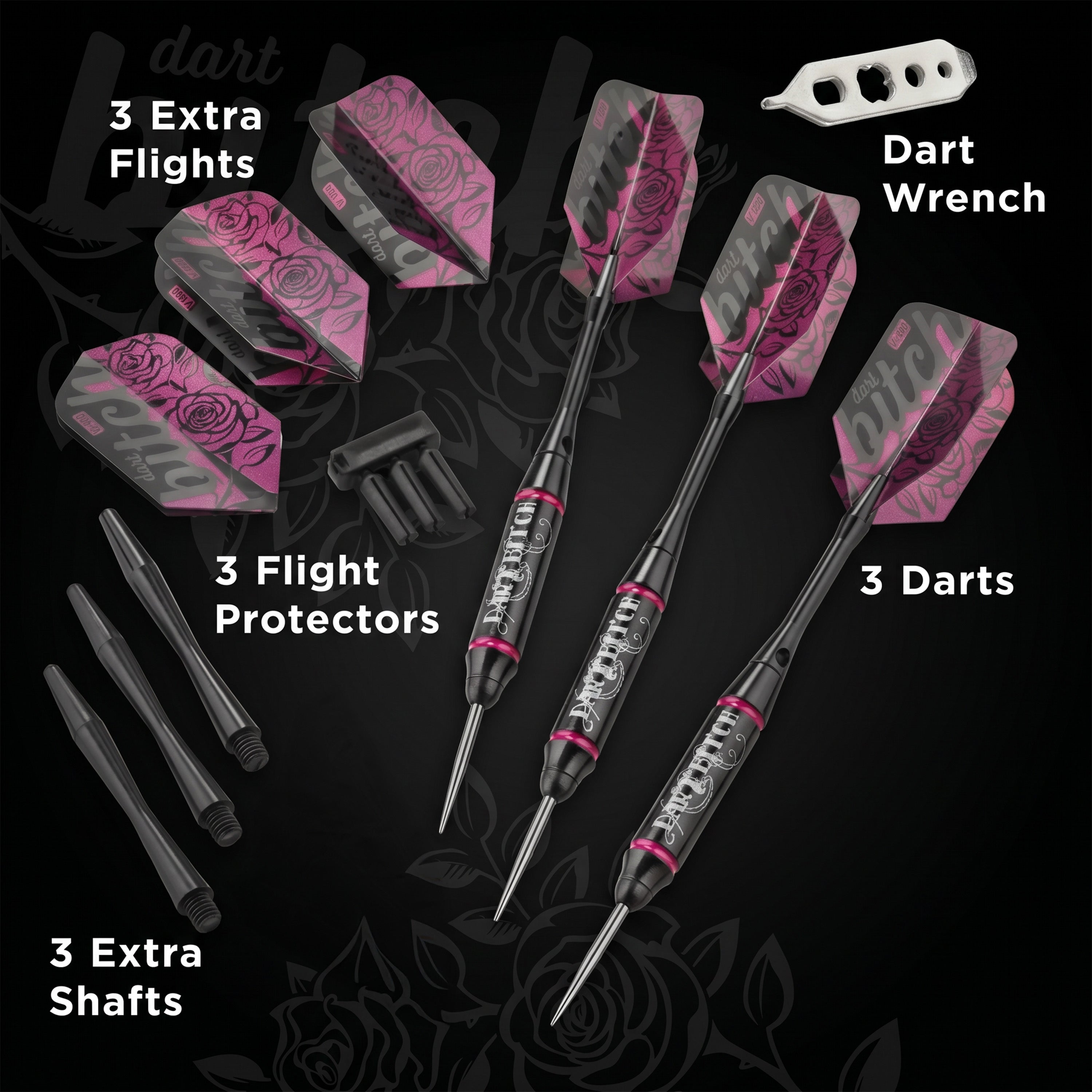 Dart Bitch labeled spread: 3 darts, 3 rose flights, 3 flight protectors, 3 shafts, wrench