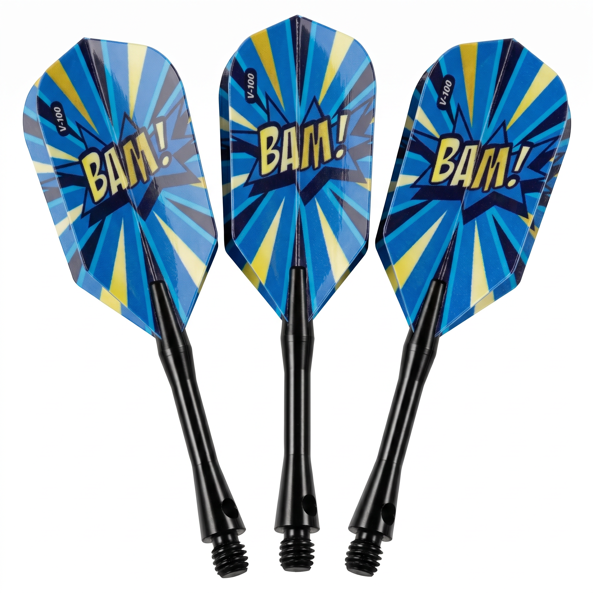 Three darts with blue, yellow, and dark blue radial striped flights printed with "BAM!" text and black shafts with threaded bases
