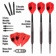 Set of Laserdarts Black Widows Movable Point Smooth Steel Tip with red flights, black tips, and black widow design on a white background.