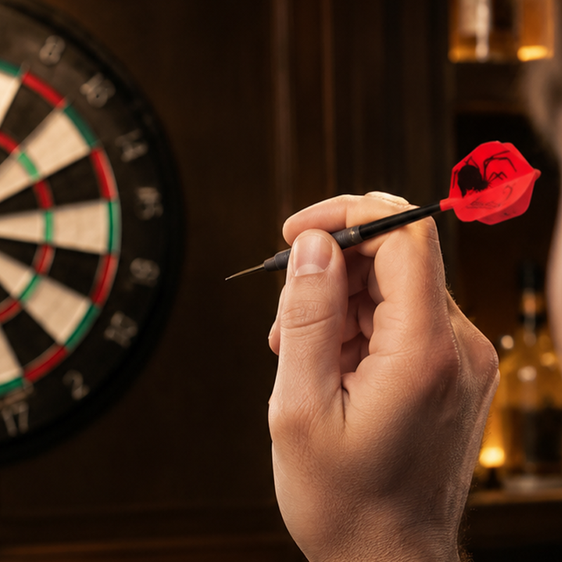 Hand holding a Laserdarts Black Widows Movable Point Smooth Steel Tip with a red bullseye pattern, aiming at a dartboard in a bar setting